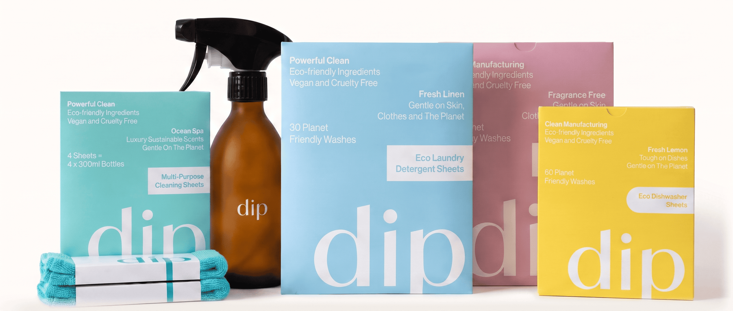 The full Dip range: laundry, dishwasher, multi-purpose and fabric conditioner sheets
