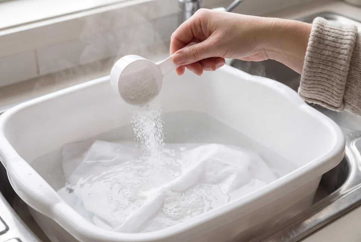 A scoop of oxygen bleach being poured into a basin of hot water with white pillowcases