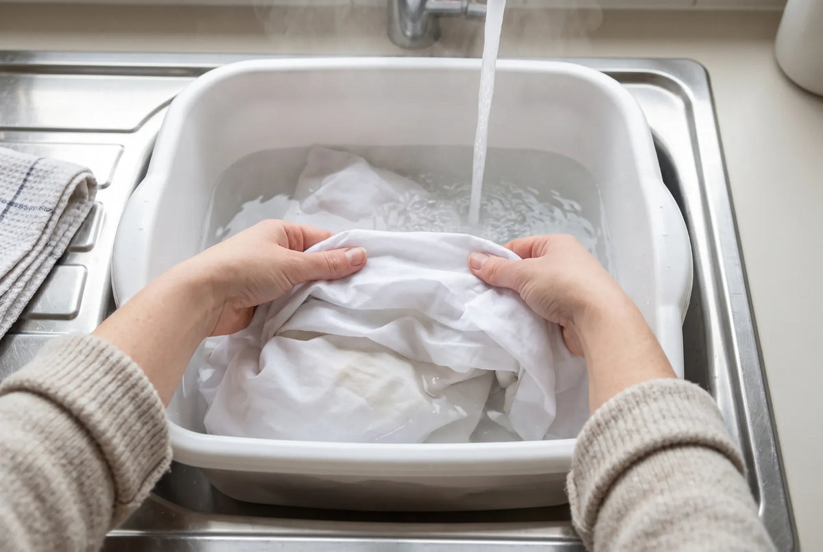 Hands soaking white pillowcases in a basin of hot water at the sink