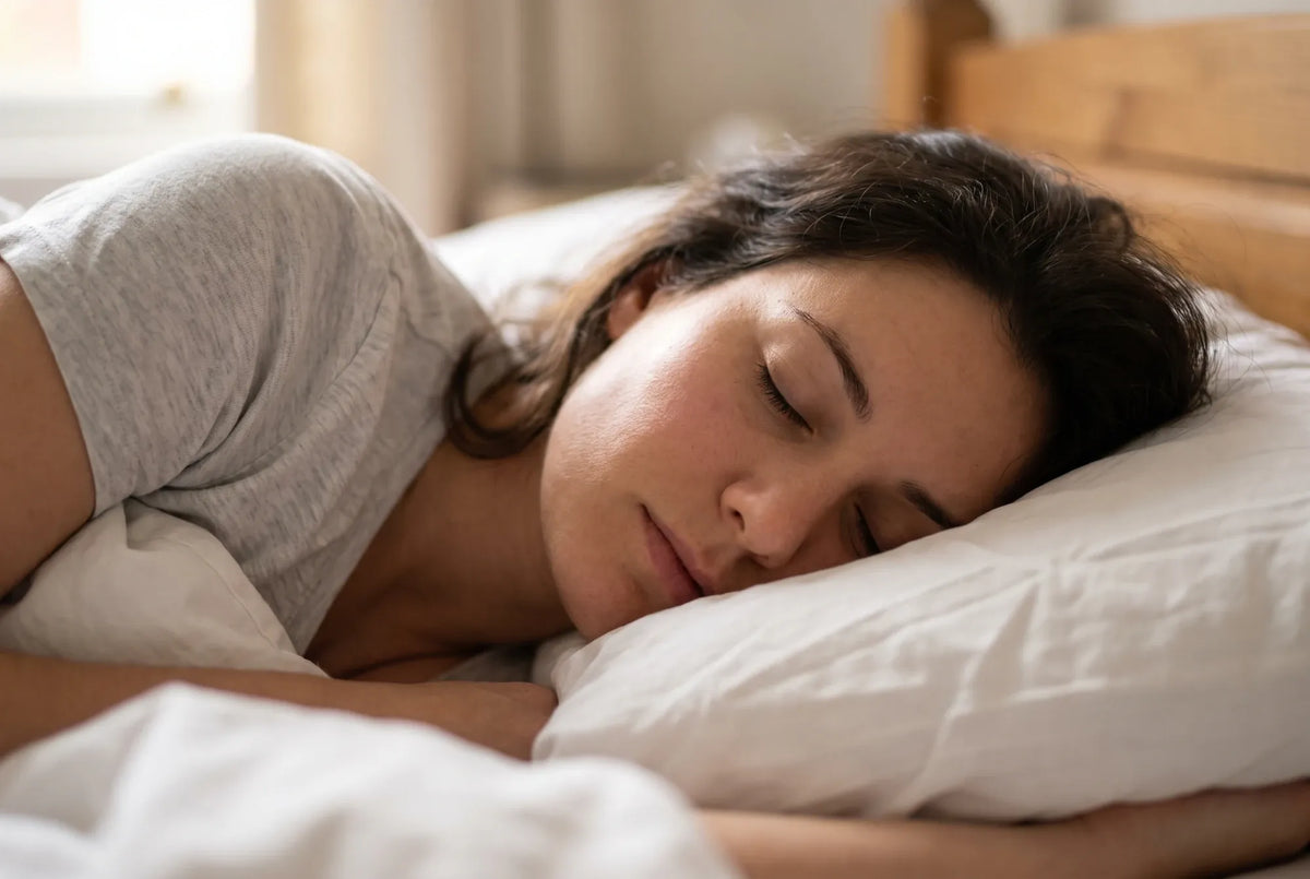 A woman asleep with her face on a white pillow
