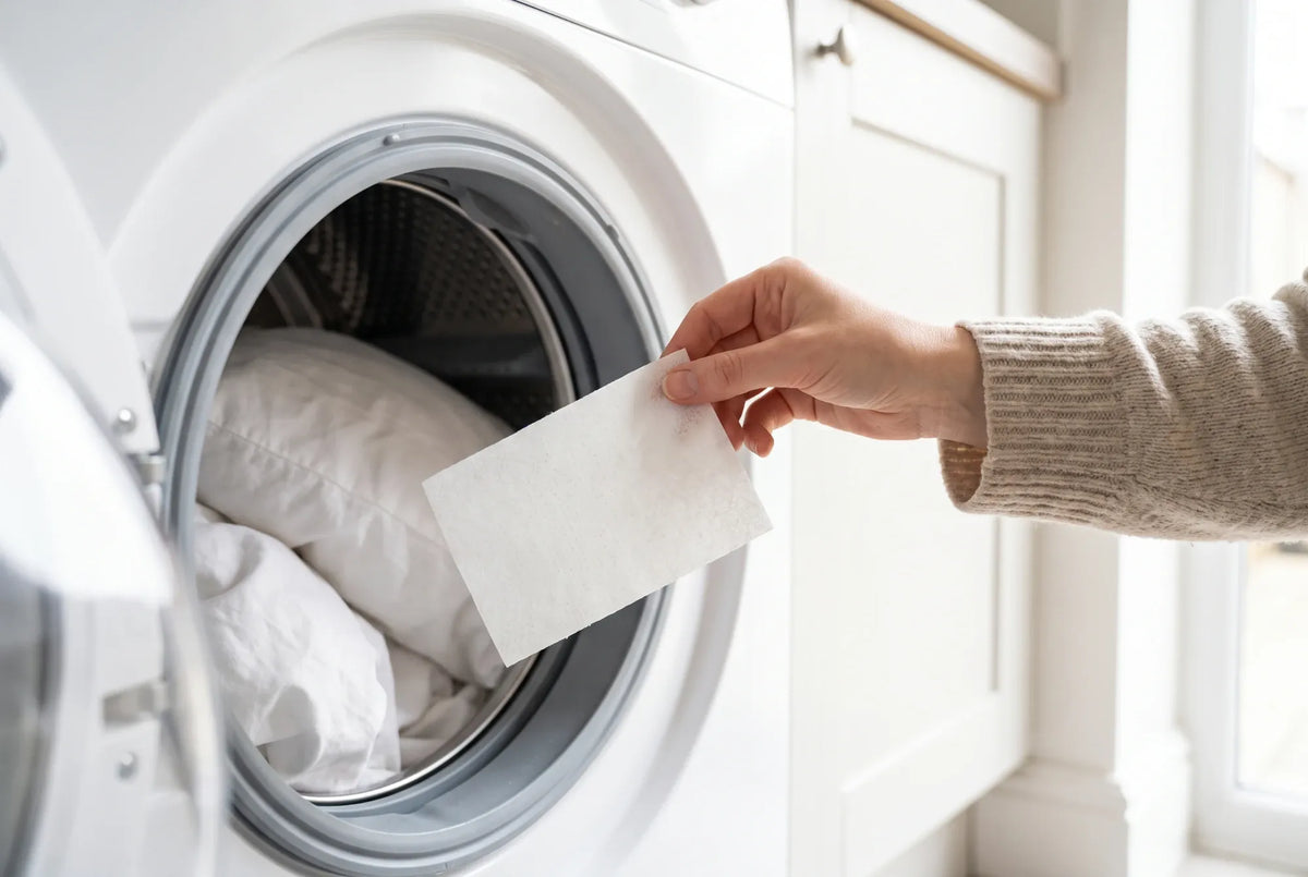 A hand putting a Dip laundry sheet into a washing machine with white bedding