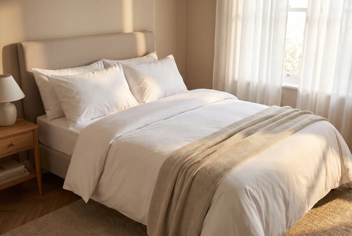 A made bed with fresh white pillowcases and duvet in morning light